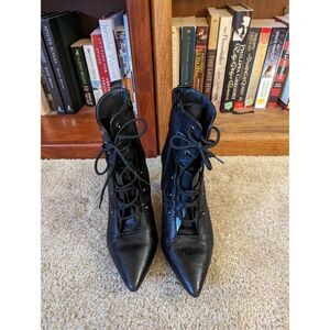 𝅺napoleoni black leather stilleto ankle boots lace up and side zip euc sz 38